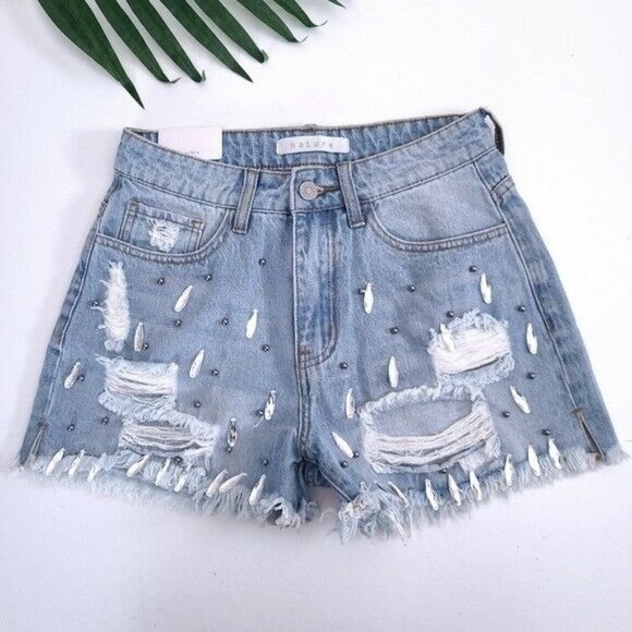 Neture High Rise Jeweled Distressed Stud Jean Shorts Size S NWT - Picture 1 of 9
